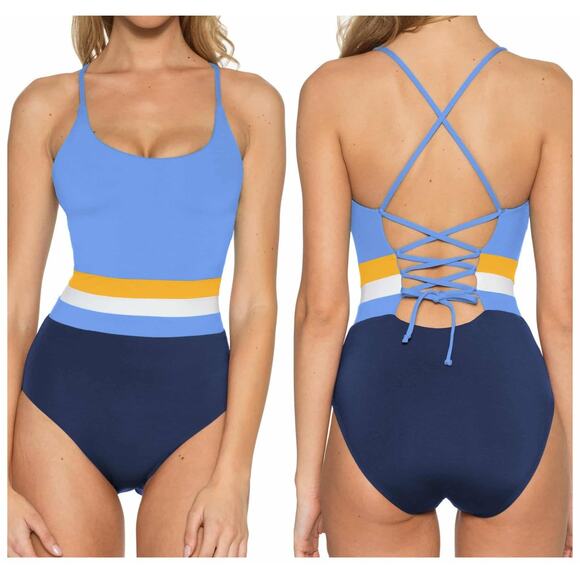 BCA by Rebecca Virtue Palo Alto One Piece Swimsuit Deep Water Blue Yellow White - Picture 1 of 7